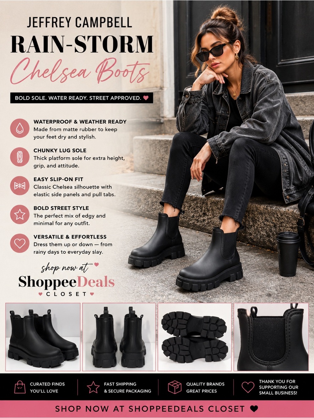 Jeffrey Campbell Rain-Storm Chelsea Boots – Matte Black Platform Lug Boots
